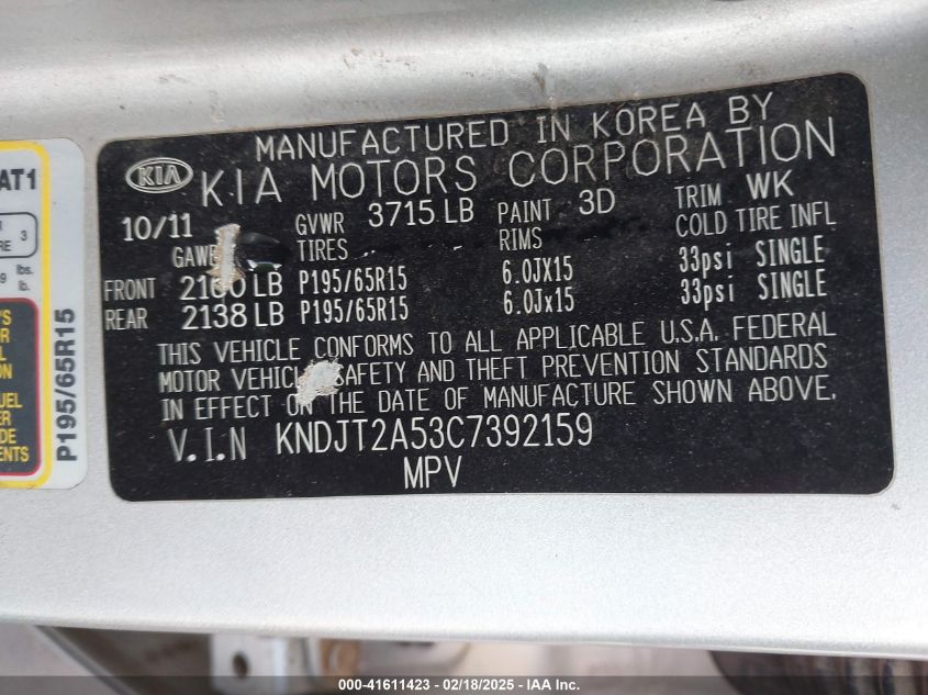 2012 Kia Soul VIN: KNDJT2A53C7392159 Lot: 41611423