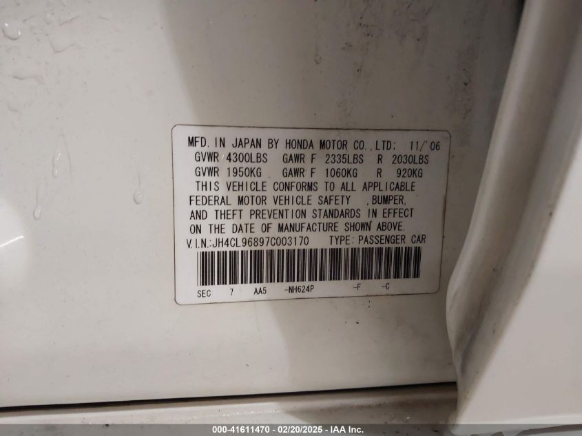 2007 Acura Tsx VIN: JH4CL96897C003170 Lot: 41611470