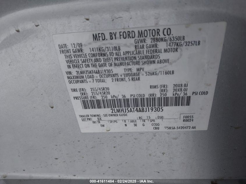 2010 Lincoln Mkt Ecoboost VIN: 2LMHJ5AT4ABJ19305 Lot: 41611484