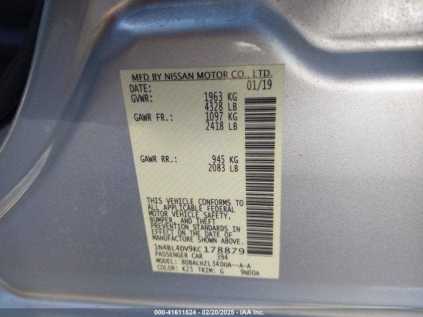 2019 NISSAN ALTIMA VIN: 1N4BL4DV9KC178879