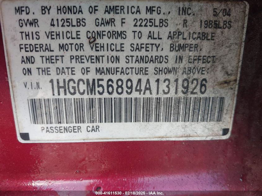 2004 Honda Accord 2.4 Ex VIN: 1HGCM56894A131926 Lot: 41611530