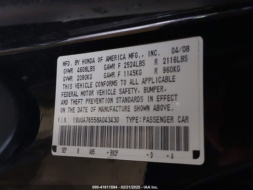 2008 ACURA TL VIN: 19UUA76558A043430