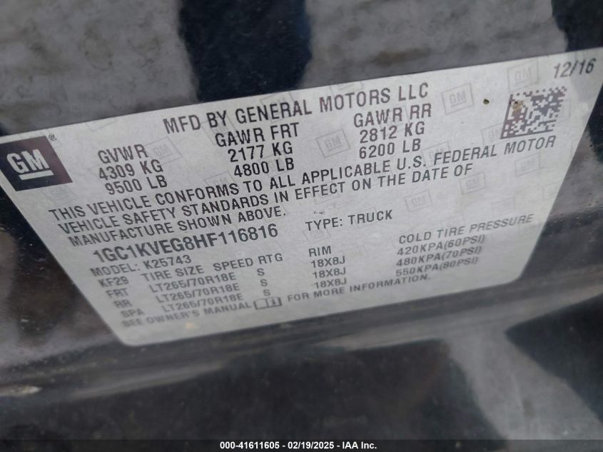 2017 Chevrolet Silverado 2500Hd Lt VIN: 1GC1KVEG8HF116816 Lot: 41611605