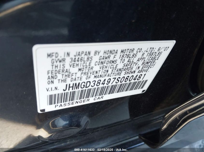 2007 Honda Fit VIN: JHMGD38497S060481 Lot: 41611633