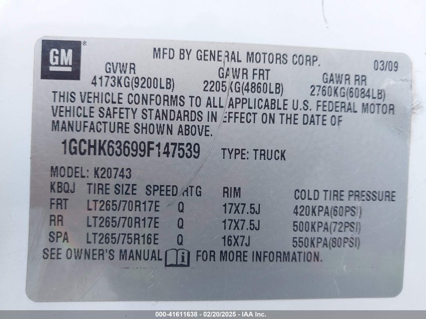 2009 CHEVROLET SILVERADO 2500HD VIN: 1GCHK63699F147539