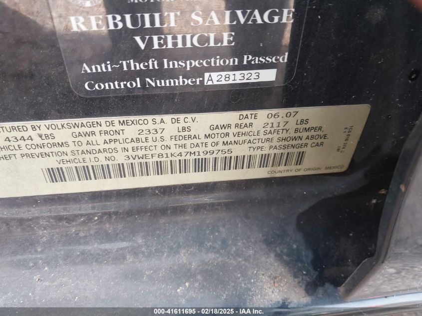 2007 Volkswagen Jetta Wolfsburg Edition VIN: 3VWEF81K47M199755 Lot: 41611695