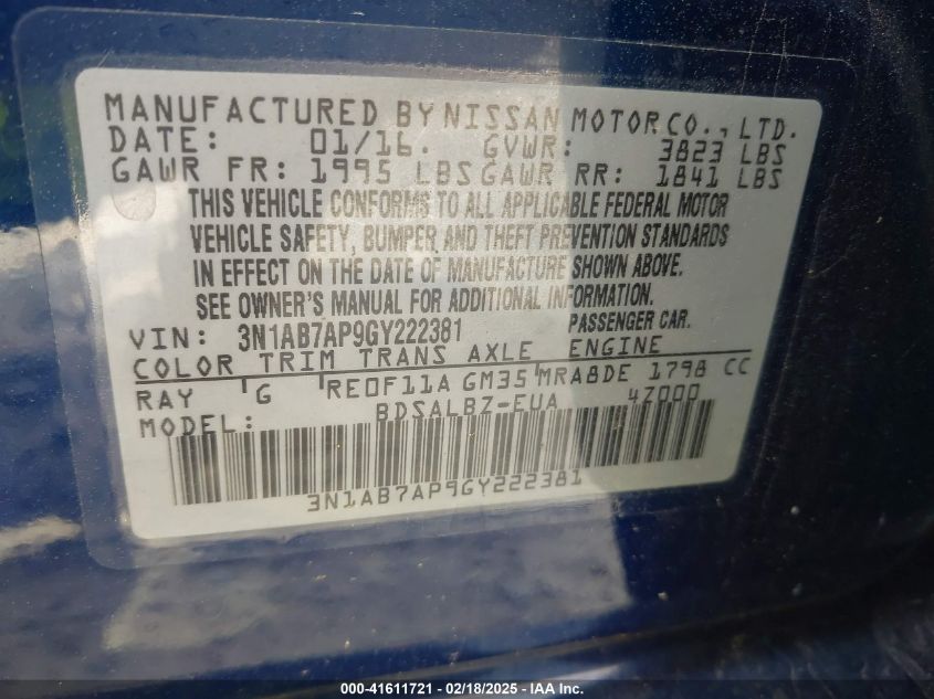 2016 Nissan Sentra S VIN: 3N1AB7AP9GY222381 Lot: 41611721
