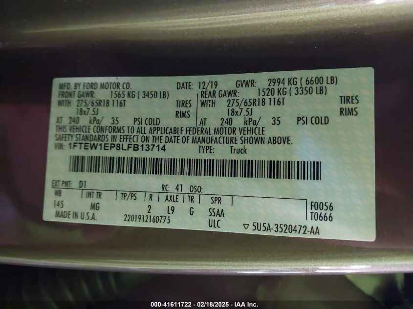 2020 Ford F-150 Xlt VIN: 1FTEW1EP8LFB13714 Lot: 41611722