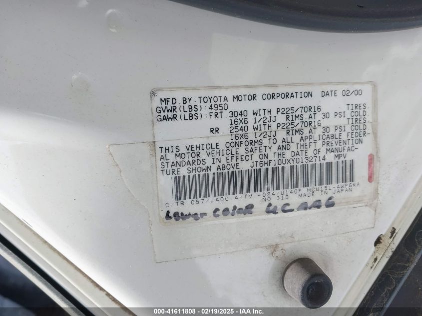 2000 Lexus Rx 300 VIN: JT6HF10UXY0132714 Lot: 41611808