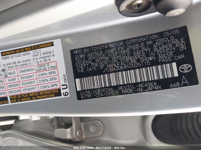 2005 Toyota Camry Se V6 VIN: JTDBA30K850025115 Lot: 41611834