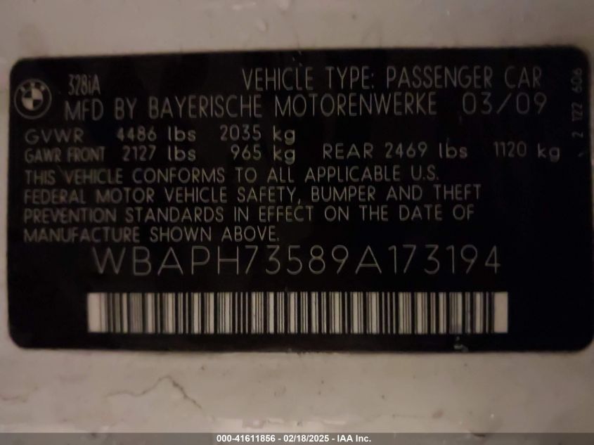 2009 BMW 328I VIN: WBAPH73589A173194 Lot: 41611856