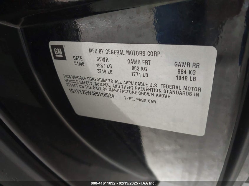 2008 CHEVROLET CORVETTE VIN: 1G1YY25W485118824