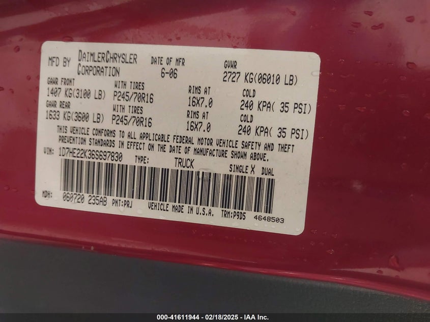 2006 DODGE DAKOTA VIN: 1D7HE22K36S697830