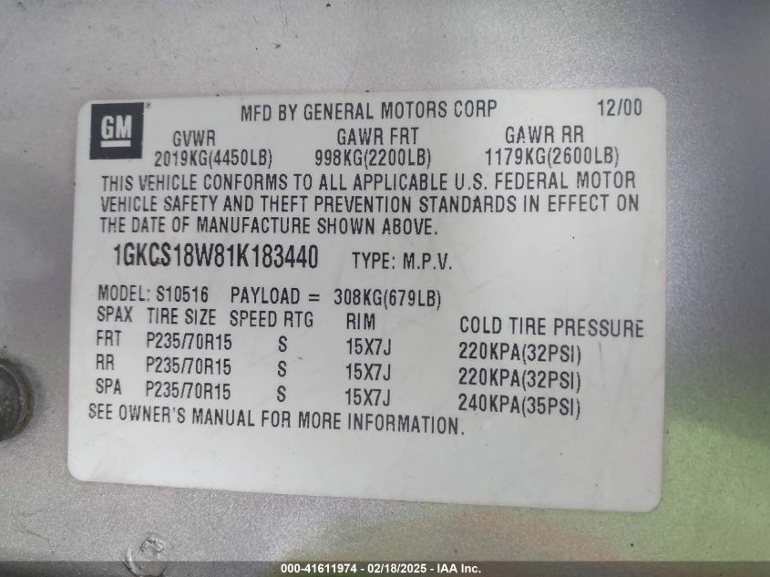 2001 GMC Jimmy Sls VIN: 1GKCS18W81K183440 Lot: 41611974