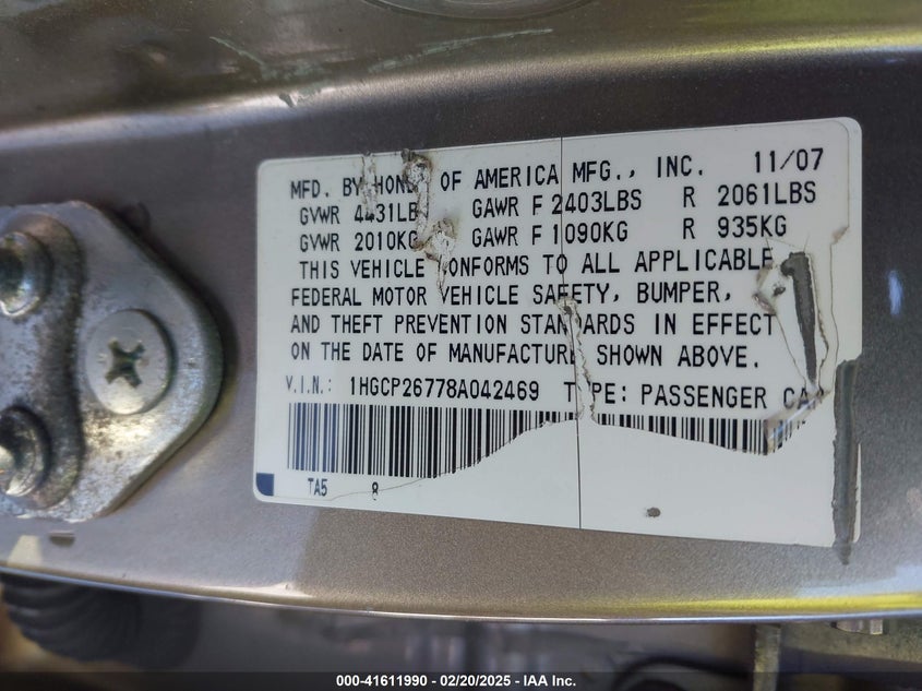 2008 HONDA ACCORD VIN: 1HGCP26778A042469