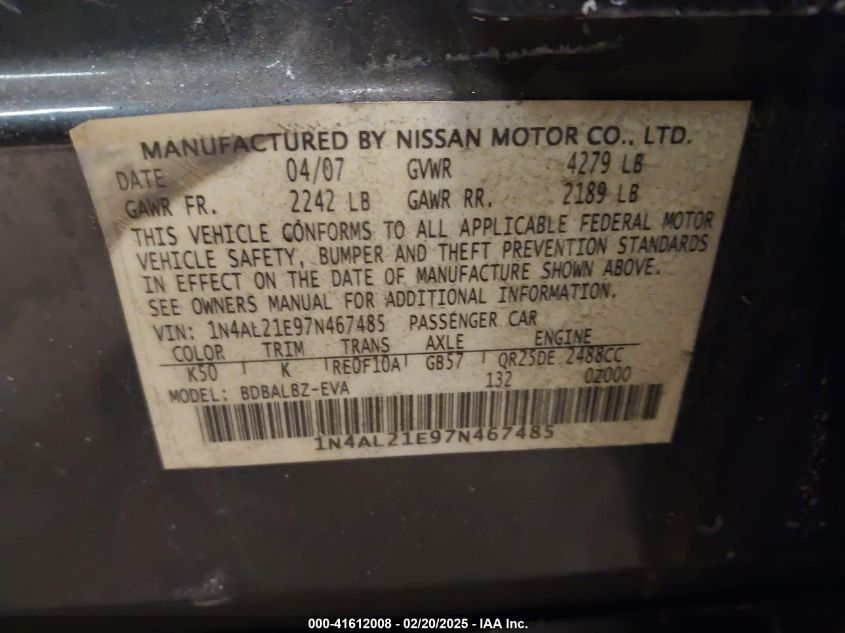 2007 Nissan Altima 2.5 S VIN: 1N4AL21E97N467485 Lot: 41612008