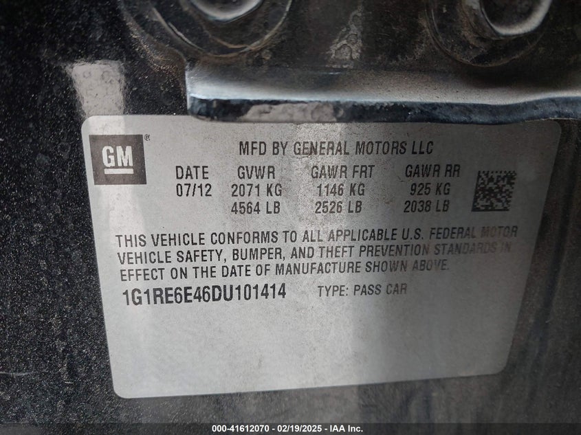 2013 CHEVROLET VOLT VIN: 1G1RE6E46DU101414