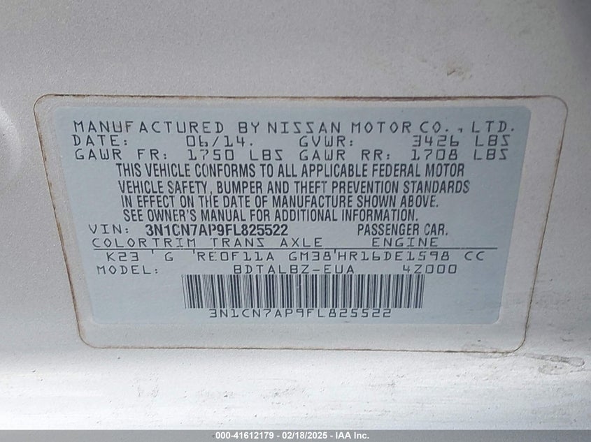 2015 NISSAN VERSA 1.6 SV - 3N1CN7AP9FL825522