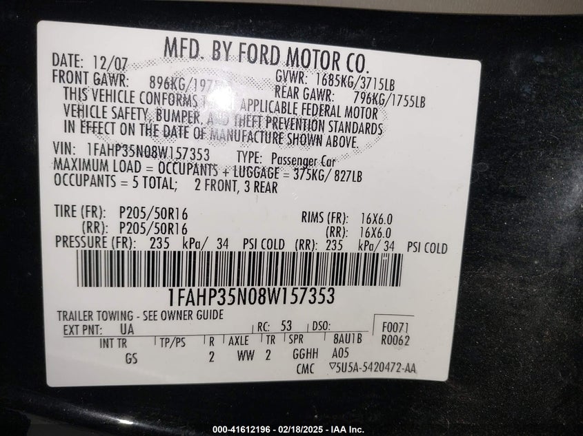2008 FORD FOCUS VIN: 1FAHP35N08W157353