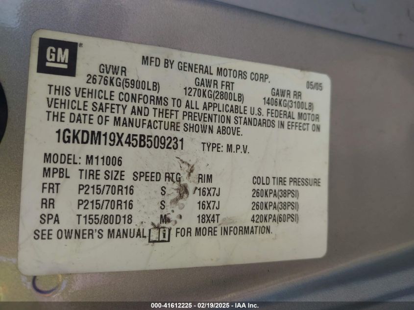 2005 GMC Safari VIN: 1GKDM19X45B509231 Lot: 41612225