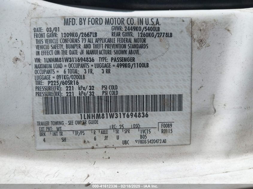 2001 Lincoln Town Car Executive VIN: 1LNHM81W31Y694836 Lot: 41612336