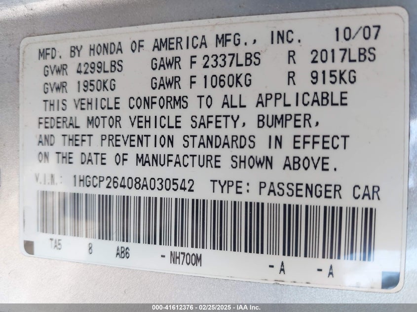 2008 HONDA ACCORD VIN: 1HGCP26408A030542