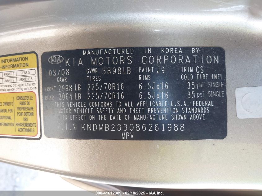 2008 Kia Sedona Lx VIN: KNDMB233086261988 Lot: 41612389