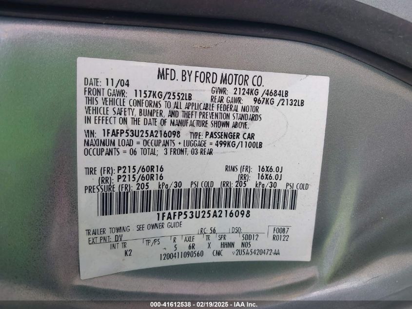 2005 Ford Taurus Se VIN: 1FAFP53U25A216098 Lot: 41612538