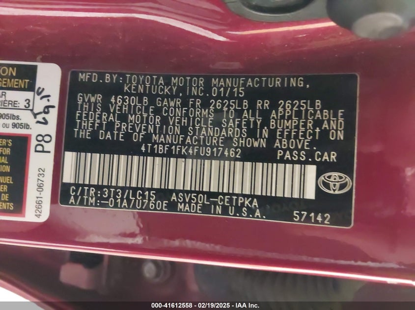 2015 TOYOTA CAMRY VIN: 4T1BF1FK4FU917462