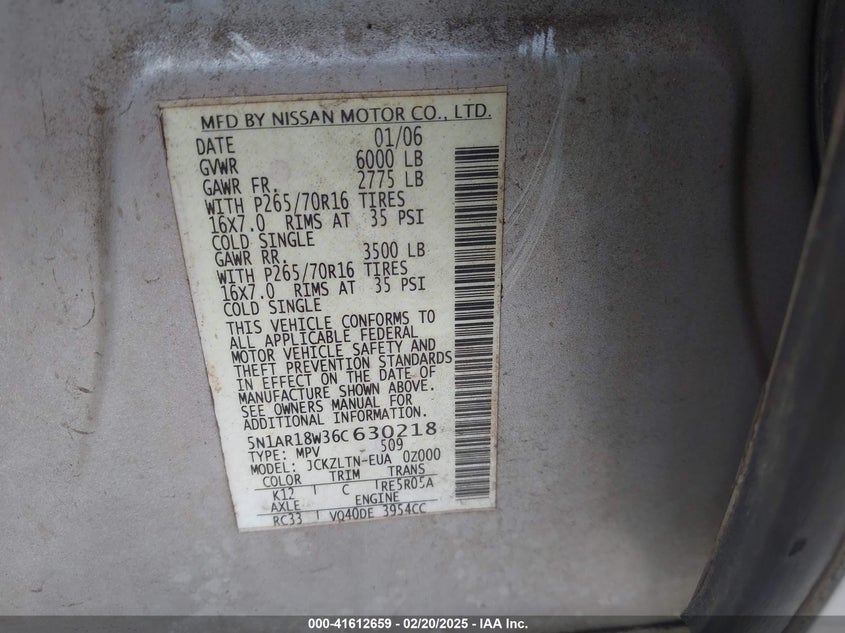 2006 NISSAN PATHFINDER VIN: 5N1AR18W36C630218