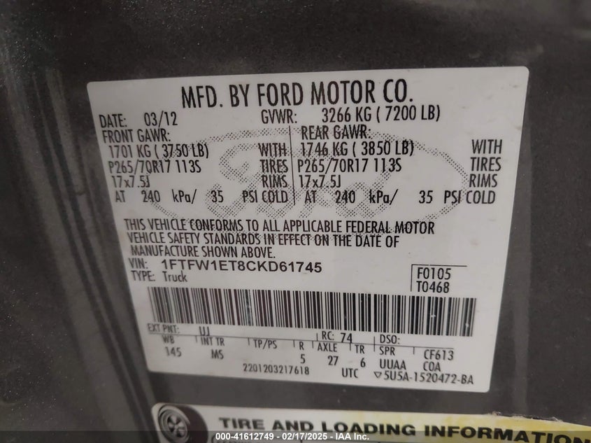 2012 FORD F-150 VIN: 1FTFW1ET8CKD61745
