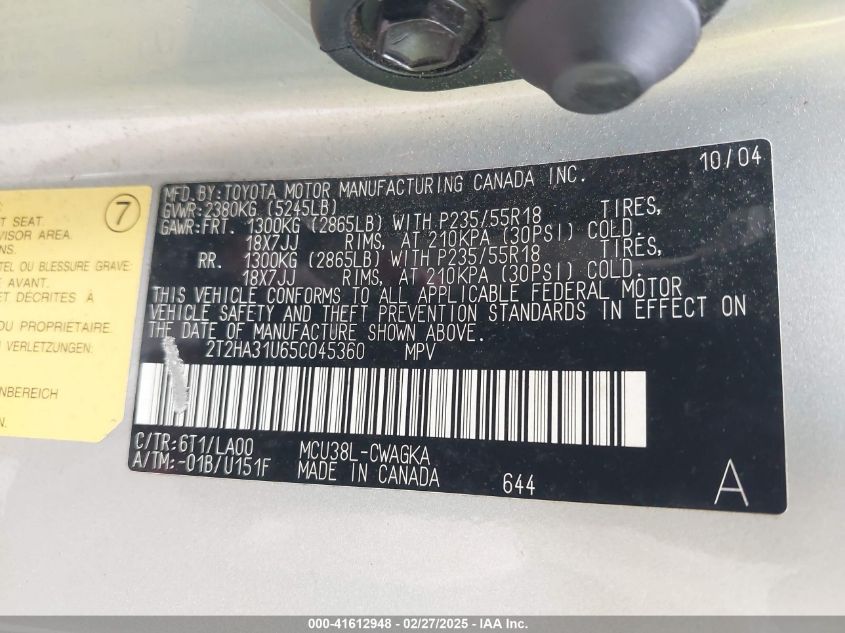 2005 Lexus Rx 330 VIN: 2T2HA31U65C045360 Lot: 41612948