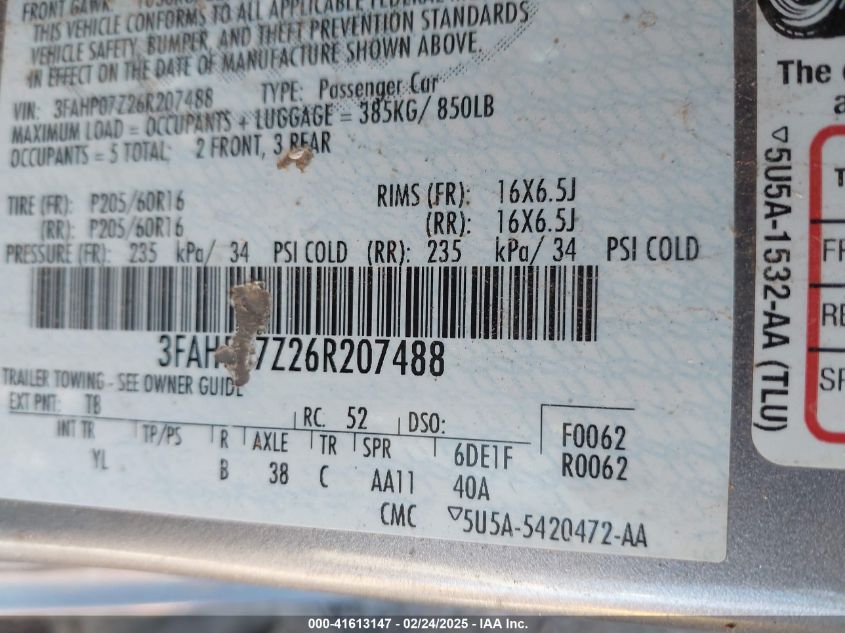 2006 Ford Fusion Se VIN: 3FAHP07Z26R207488 Lot: 41613147