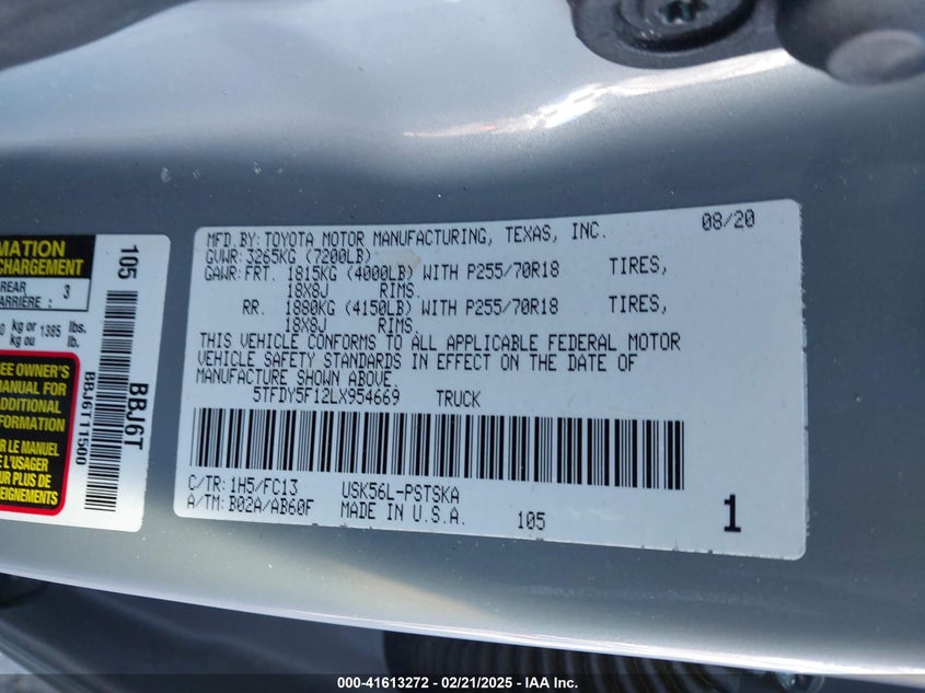 2020 TOYOTA TUNDRA VIN: 5TFDY5F12LX954669