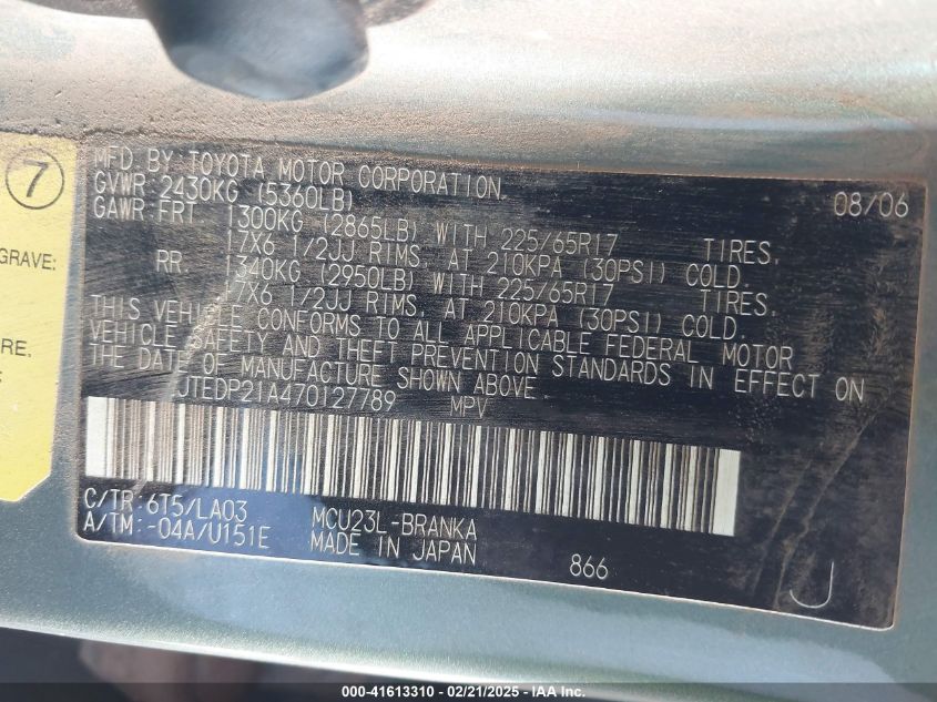 2007 Toyota Highlander Limited V6 VIN: JTEDP21A470127789 Lot: 41613310