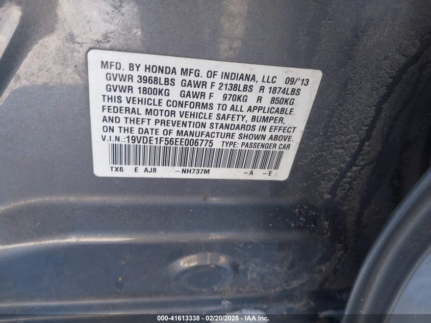 2014 ACURA ILX VIN: 19VDE1F56EE006775