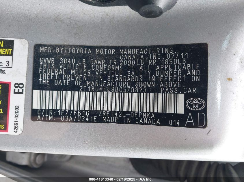 2011 Toyota Corolla Le VIN: 2T1BU4EE8BC579823 Lot: 41613340