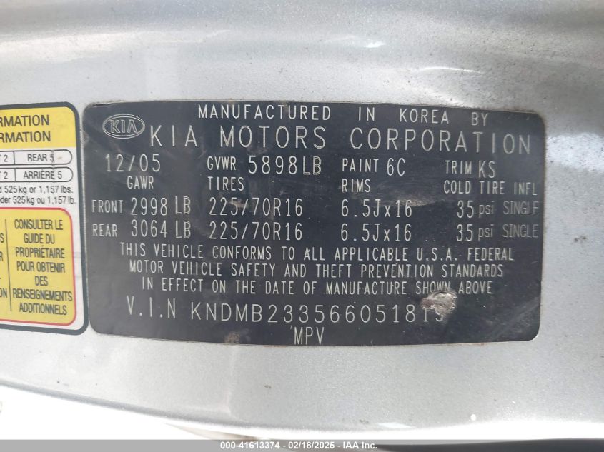 2006 Kia Sedona Ex/Lx VIN: KNDMB233566051819 Lot: 41613374