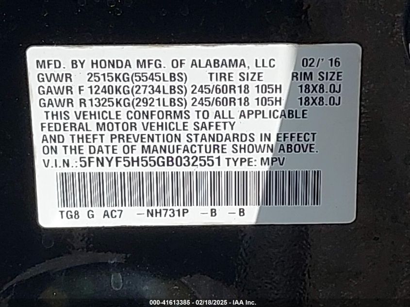 2016 Honda Pilot Ex-L VIN: 5FNYF5H55GB032551 Lot: 41613385