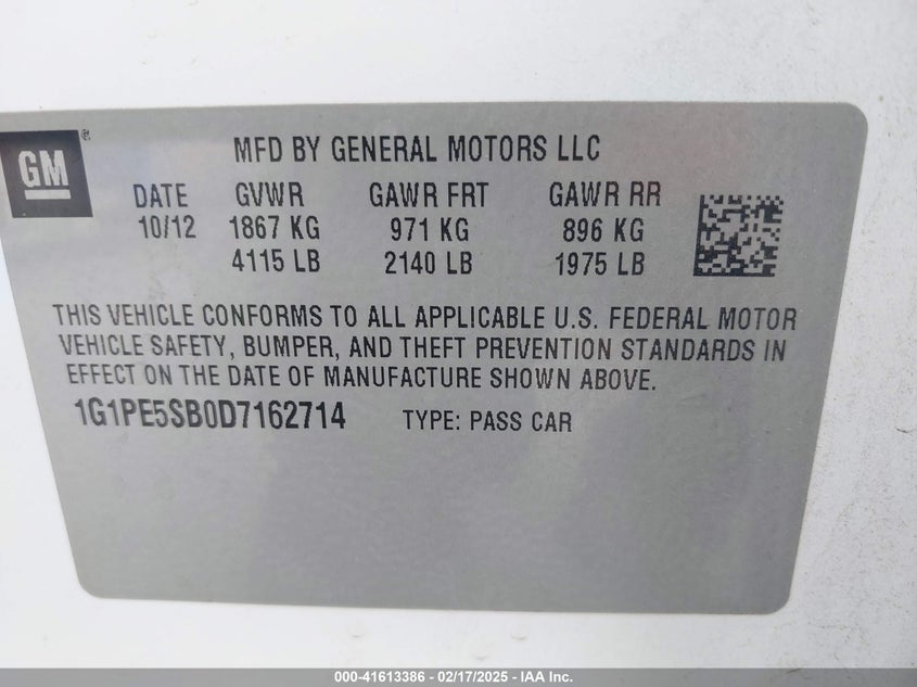 2013 CHEVROLET CRUZE VIN: 1G1PE5SB0D7162714