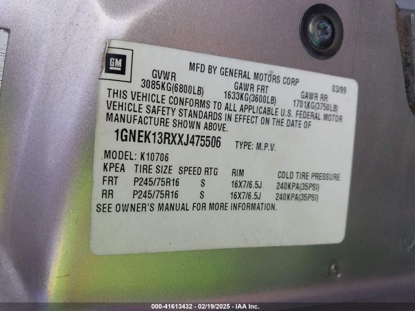 1999 Chevrolet Tahoe Ls VIN: 1GNEK13RXXJ475506 Lot: 41613432