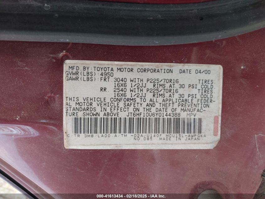 2000 Lexus Rx 300 VIN: JT6HF10U6Y0144388 Lot: 41613434