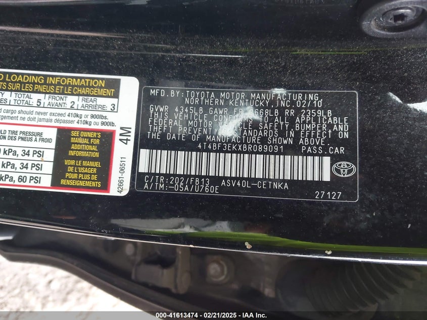 2011 TOYOTA CAMRY VIN: 4T4BF3EKXBR089091