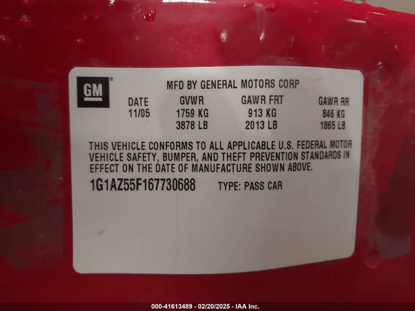 2006 CHEVROLET COBALT VIN: 1G1AZ55F167730688