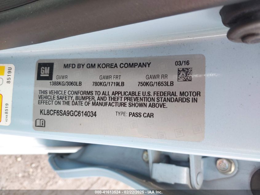 2016 Chevrolet Spark 2Lt Cvt VIN: KL8CF6SA9GC614034 Lot: 41613524