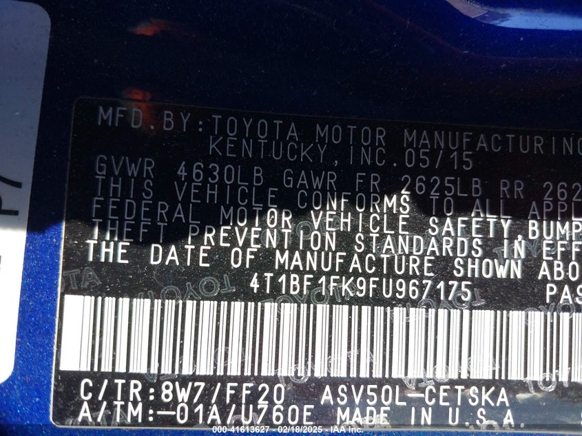 2015 TOYOTA CAMRY VIN: 4T1BF1FK9FU967175