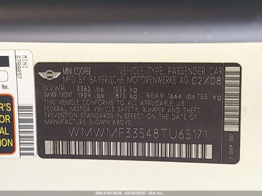 2008 Mini Cooper VIN: WMWMF33548TU65171 Lot: 41613639