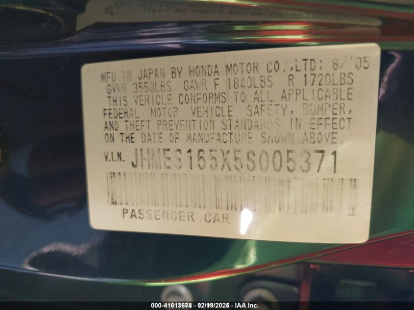 2005 Honda Civic Lx VIN: JHMES165X5S005371 Lot: 41613674