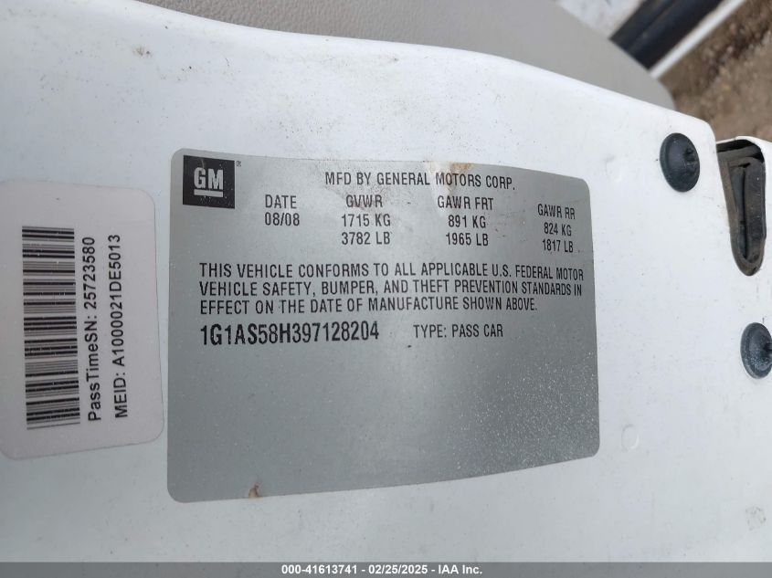 2009 Chevrolet Cobalt Ls VIN: 1G1AS58H397128204 Lot: 41613741