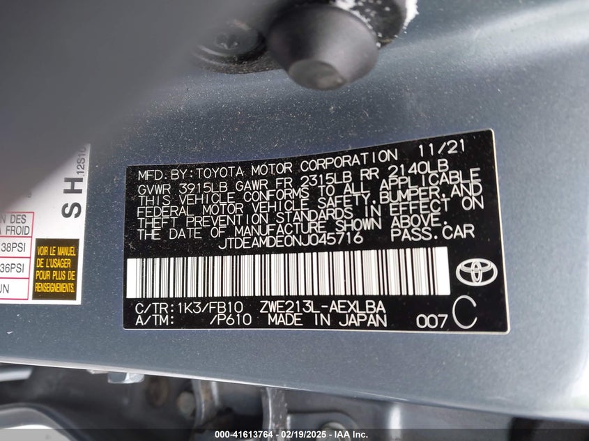 2022 TOYOTA COROLLA VIN: JTDEAMDE0NJ045716